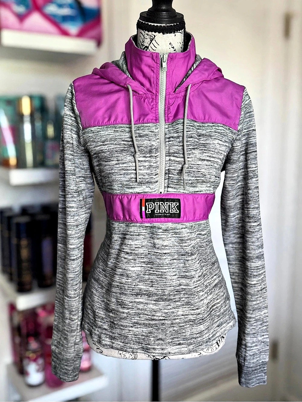 Victoria’s Secret PINK Hooded Pullover S Purple Gray Colorblock Y2K Sweatshirt